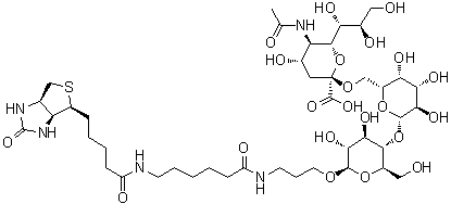 (3aS,4S,6aR)-N-[6-[[3-[[O-(N-Acetyl-alpha-neuraminosyl)-(2→6)-O-beta-D-galactopyranosyl-(1→4)-beta-D-glucopyranosyl]oxy]propyl]amino]-6-oxohexyl]hexahydro-2-oxo-1H-thieno[3,4-d]imidazole-4-pentanamide molecular structure (CAS 1384441-62-6)