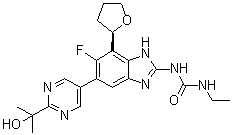N-Ethyl-N'-[6-fluoro-5-[2-(1-hydroxy-1-methylethyl)-5-pyrimidinyl]-7-[(2R)-tetrahydro-2-furanyl]-1H-benzimidazol-2-yl]urea molecular structure (CAS 1384984-18-2)
