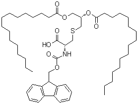 Hexadecanoic acid 1S)-1-[[[(2R)-2-carboxy-2-[[(9H-fluoren-9-ylmethoxy)carbonyl]amino]ethyl]thio]methyl]-1,2-ethanediyl ester molecular structure (CAS 139573-78-7)