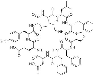 环[天冬氨酰-谷氨酰-酪氨酰-缬氨酰-鸟氨酰-亮氨酰-D-苯丙氨酰-脯氨酰-苯丙氨酰-DL-苯丙氨酰]分子结构 (CAS 1404-88-2)