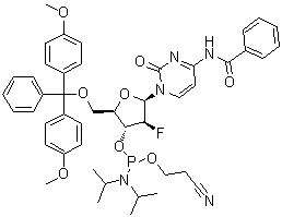 N-[1-[5-O-[双(4-甲氧基苯基)苯基甲基]-3-O-[[双(1-甲基乙基)氨基](2-氰基乙氧基)膦基]-2-脱氧-2-氟-beta-D-呋喃阿拉伯糖基]-1,2-二氢-2-氧代-4-嘧啶基]苯甲酰胺分子结构 (CAS 1404463-12-2)