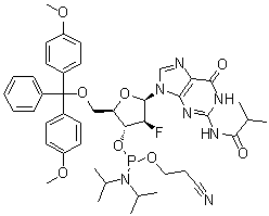 N-[9-[5-O-[双(4-甲氧基苯基)苯基甲基]-3-O-[[双(1-甲基乙基)氨基](2-氰基乙氧基)膦基]-2-脱氧-2-氟-beta-D-呋喃阿拉伯糖基]-6,9-二氢-6-氧代-1H-嘌呤-2-基]-2-甲基丙酰胺分子结构 (CAS 1404463-20-2)