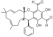 (5aR,7E,11E,14aS,15S)-rel-5a,6,9,10,13,14,14a,15-Octahydro-1,3-dihydroxy-5a,9,9,12-tetramethyl-15-phenylbenzo[b]cycloundeca[e]pyran-2,4-dicarboxaldehyde molecular structure (CAS 1411629-26-9)