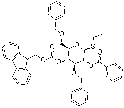 乙基 3,6-二-O-(苯基甲基)-1-硫代-beta-D-吡喃葡萄糖苷 2-苯甲酸酯 4-(9H-芴-9-基甲基碳酸酯)分子结构 (CAS 1416144-50-7)