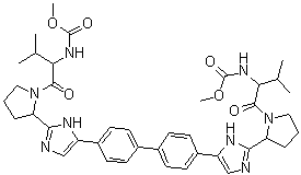 N,N'-[[1,1'-Biphenyl]-4,4'-diylbis[1H-imidazole-5,2-diyl-2,1-pyrrolidinediyl[1-(1-methylethyl)-2-oxo-2,1-ethanediyl]]]biscarbamic acid C,C'-dimethyl ester stereoisomer molecular structure (CAS 1417333-83-5)