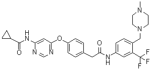 4-[[6-[(Cyclopropylcarbonyl)amino]-4-pyrimidinyl]oxy]-N-[4-[(4-methyl-1-piperazinyl)methyl]-3-(trifluoromethyl)phenyl]benzeneacetamide molecular structure (CAS 1421227-53-3)