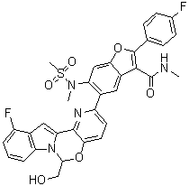 5-[11-Fluoro-6-(hydroxymethyl)-6H-pyrido[2',3':5,6][1,3]oxazino[3,4-a]indol-2-yl]-2-(4-fluorophenyl)-N-methyl-6-[methyl(methylsulfonyl)amino]-3-benzofurancarboxamide molecular structure (CAS 1427035-62-8)