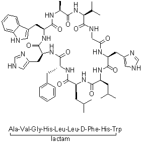 环(L-丙氨酰-L-缬氨酰甘氨酰-L-组氨酰-L-亮氨酰-L-亮氨酰-D-苯丙氨酰-L-组氨酰-L-色氨酰)分子结构 (CAS 143578-65-8)