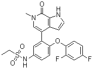 structure of CAS# 1445993-26-9, Mivebresib;N-[4-(2,4-Difluorophenoxy)-3-(6,7-dihydro-6-methyl-7-oxo-1H-pyrrolo[2,3-c]pyridin-4-yl)phenyl]ethanesulfonamide