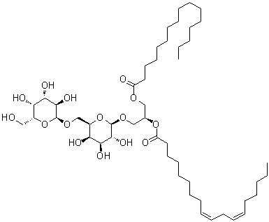structure of CAS# 145033-48-3, (2S)-3-[(1-Oxohexadecyl)oxy]-2-[[(9Z,12Z)-1-oxo-9,12-octadecadien-1-yl]oxy]propyl 6-O-alpha-D-galactopyranosyl-beta-D-galactopyranoside