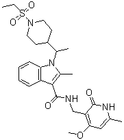 1-(1-(1-(Ethylsulfonyl)piperidin-4-yl)ethyl)-N-((4-methoxy-6-methyl-2-oxo-1,2-dihydropyridin-3-yl)methyl)-2-methyl-1H-indole-3-carboxamide molecular structure (CAS 1450655-76-1)