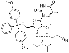 5'-O-[Bis(4-methoxyphenyl)phenylmethyl]-5-methyl-2'-O-methyluridine 3'-[2-cyanoethyl bis(1-methylethyl)phosphoramidite] molecular structure (CAS 153631-20-0)