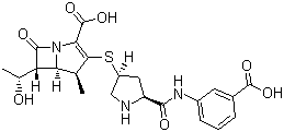 结构式 CAS# 153832-46-3, 厄他培南; (4R,5R,6S)-3-[(3S,5S)-5-[(3-羧基苯基)氨基甲酰基]吡咯烷-3-基]硫-6-(1-羟乙基)-4-甲基-7-氧代-1-氮杂双环[3.2.0]庚-2-烯-2-甲酸