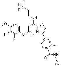 N-Cyclopropyl-4-[6-(2,3-difluoro-4-methoxyphenoxy)-8-[(3,3,3-trifluoropropyl)amino]imidazo[1,2-b]pyridazin-3-yl]-2-methylbenzamide molecular structure (CAS 1554458-53-5)