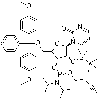 1-[5-O-[Bis(4-methoxyphenyl)phenylmethyl]-3-O-[[bis(1-methylethyl)amino](2-cyanoethoxy)phosphino]-2-O-[(1,1-dimethylethyl)dimethylsilyl]-beta-D-ribofuranosyl]-2(1H)-pyrimidinone molecular structure (CAS 155831-90-6)