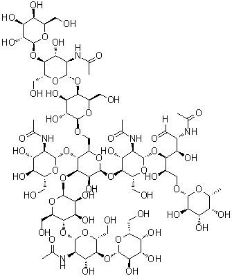 O-beta-D-Galactopyranosyl-(1→4)-2-(acetylamino)-2-deoxy-beta-D-glucopyranosyl-(1→4)-O-beta-D-galactopyranosyl-(1→6)-O-[2-(acetylamino)-2-deoxy-beta-D-glucopyranosyl-(1→4)]-O-[beta-D-galactopyranosyl-(1→4)-2-(acetylamino)-2-deoxy-beta-D-glucopyranosyl-(1→4)-O-beta-D-mannopyranosyl-(1→3)]-O-beta-D-mannopyranosyl-(1→4)-2-(acetylamino)-2-deoxy-beta-D-glucopyranosyl-(1→4)-O[6-deoxy-beta-D-galactopyranosyl-(1→6)]-2-(acetylamino)-2-deoxy-D-glucose molecular structure (CAS 1598374-91-4)