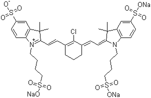 3,3-二甲基-2-[2-[2-氯-3-[2-[1,3-二氢-3,3-二甲基-5-磺酸基-1-(4-磺酸基丁基)-2H-吲哚-2-亚基]乙亚基]-1-环己烯-1-基]乙烯基]-5-磺酸基-1-(4-磺酸基丁基)-3H-吲哚鎓内盐三钠盐分子结构 (CAS 162093-39-2)