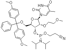(R)-5'-O-[Bis(4-methoxyphenyl)phenylmethyl]-2'-O-(2-methoxyethyl)-5-methyluridine 3'-[2-cyanoethyl bis(1-methylethyl)phosphoramidite] molecular structure (CAS 163759-51-1)