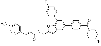 (2E)-3-(6-氨基-3-吡啶基)-N-[[5-[4-[(4,4-二氟-1-哌啶基)羰基]苯基]-7-(4-氟苯基)-2-苯并呋喃基]甲基]-2-丙烯酰胺分子结构 (CAS 1643913-93-2)