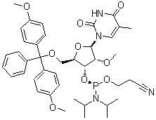 (S)-5'-O-[Bis(4-methoxyphenyl)phenylmethyl]-5-methyl-2'-O-methyl-Uridine 3'-[2-cyanoethyl bis(1-methylethyl)phosphoramidite] molecular structure (CAS 168611-18-5)