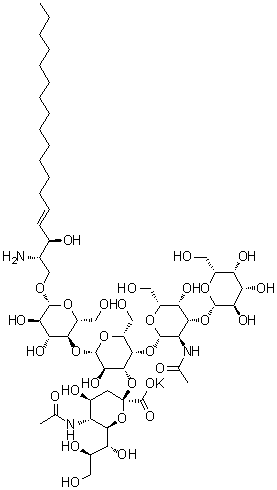(2S,3R,4E)-2-氨基-3-羟基-4-十八碳烯基 O-(N-乙酰基-alpha-神经胺酸基)-(2→3)-O-[O-beta-D-吡喃半乳糖基-(1→3)-2-(乙酰氨基)-2-脱氧-beta-D-吡喃半乳糖基-(1→4)]-O-beta-D-吡喃半乳糖基-(1→4)-beta-D-吡喃葡萄糖苷单钾盐分子结构 (CAS 171483-40-2)