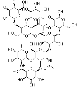 O-6-脱氧-alpha-L-吡喃半乳糖基-(1→3)-O-[beta-D-吡喃半乳糖基-(1→4)]-O-2-(乙酰氨基)-2-脱氧-beta-D-吡喃葡萄糖基-(1→6)-O-[O-6-脱氧-alpha-L-吡喃半乳糖基-(1→4)-O-[beta-D-吡喃半乳糖基-(1→3)]-2-(乙酰氨基)-2-脱氧-beta-D-吡喃葡萄糖基-(1→3)]-O-beta-D-吡喃半乳糖基-(1→4)-alpha-D-吡喃葡萄糖分子结构 (CAS 178555-60-7)