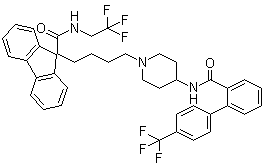 N-(2,2,2-Trifluoroethyl)-9-(4-[4-[4'-(trifluoromethyl)[1,1'-biphenyl]-2-carboxamido]piperidin-1-yl]butyl)-9H-fluorene-9-carboxamide molecular structure (CAS 182431-12-5)
