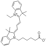 2-[3-[1-(5-羧基戊基)-1,3-二氢-3,3-二甲基-2H-吲哚-2-亚基]-1-丙烯基]-1-乙基-3,3-二甲基-3H-吲哚鎓内盐分子结构 (CAS 182682-04-8)