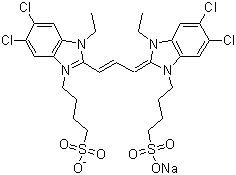 5,6-二氯-2-[[5,6-二氯-1-乙基-3-(4-磺酸基丁基)苯并咪唑-2-亚基]]丙烯基]-1-乙基-3-(4-磺酸基丁基)苯并咪唑鎓内盐钠盐分子结构 (CAS 18462-64-1)