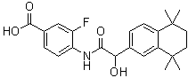 structure of CAS# 185629-22-5, 3-Fluoro-4-[[2-hydroxy-2-(5,6,7,8-tetrahydro-5,5,8,8-tetramethyl-2-naphthalenyl)acetyl]amino]benzoic acid;BMS 961