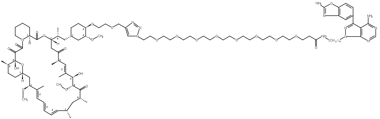 42-O-[2-[[1-[32-[4-Amino-3-(2-amino-5-benzoxazolyl)-1H-pyrazolo[3,4-d]pyrimidin-1-yl]-27-oxo-3,6,9,12,15,18,21,24-octaoxa-28-azadotriacont-1-yl]-1H-1,2,3-triazol-4-yl]methoxy]ethyl]rapamycin molecular structure (CAS 1887095-82-0)