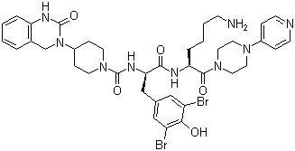 结构式 CAS# 204697-65-4, Olcegepant; N-[2-[5-氨基-1(S)-[4-(4-吡啶基)哌嗪-1-甲酰基]戊基氨基]-1(R)-(3,5-二溴-4-羟基苄基)-2-氧代乙基]-4-(2-氧代-1,2,3,4-四氢喹唑啉-3-基)哌啶-1-甲酰胺