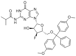 N2-异-丁酰基-5'-O-(4,4'-二甲氧基三苯甲基)-3'-脱氧-3'-氟鸟苷分子结构 (CAS 2080404-19-7)