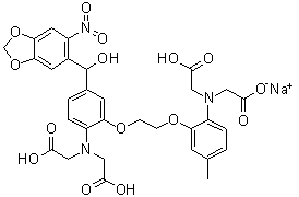 N-[2-[2-[2-[二(羧甲基)氨基]-5-[羟基(6-硝基-1,3-苯并二氧戊环-5-基)甲基]苯氧基]乙氧基]-4-甲基苯基]-N-(羧甲基)甘氨酸钠盐分子结构 (CAS 208709-26-6)