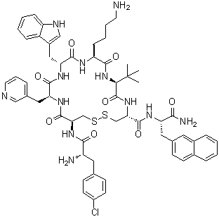 4-氯-L-苯丙氨酰-D-半胱氨酰-3-(3-吡啶基)-L-丙氨酰-D-色氨酰-L-赖氨酰-3-甲基-L-缬氨酰-L-半胱氨酰-3-(2-萘基)-L-丙氨酰胺环(2→7)-二硫醚分子结构 (CAS 209006-18-8)