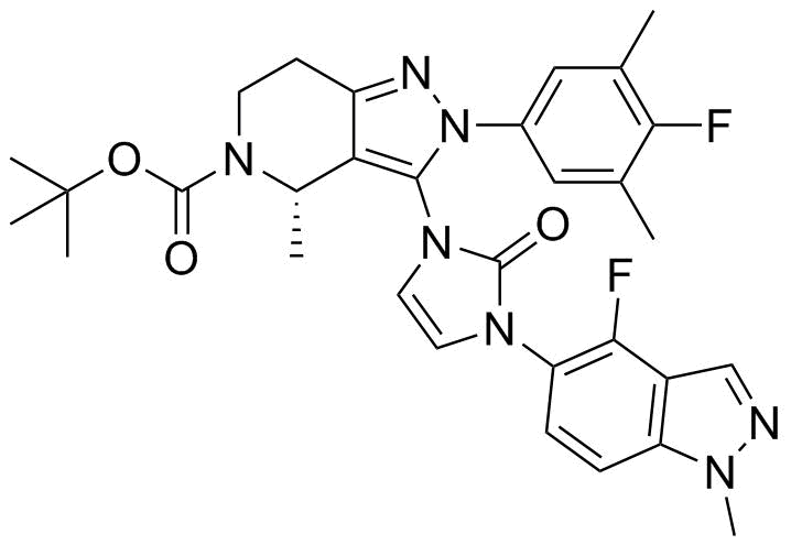 (4S)-2-(4-Fluoro-3,5-dimethylphenyl)-3-[3-(4-fluoro-1-methylindazol-5-YL)-2-oxoimidazol-1-YL]-4-methyl-6,7-dihydro-4H-pyrazolo[4,3-C]pyridine-5-carboxylic acid tert-butyl ester molecular structure (CAS 2212022-55-2)