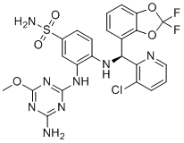 structure of CAS# 2565705-03-3, Dot1L-IN-5;3-[(4-amino-6-methoxy-1,3,5-triazin-2-yl)amino]-4-[[(S)-(3-chloropyridin-2-yl)-(2,2-difluoro-1,3-benzodioxol-4-yl)methyl]amino]benzenesulfonamide