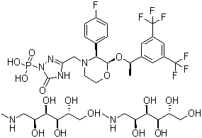 1-脱氧-1-(甲基氨基)-D-葡萄糖醇 [3-[[(2R,3S)-2-[(1R)-1-[3,5-双(三氟甲基)苯基]乙氧基]-3-(4-氟苯基)-4-吗啉基]甲基]-2,5-二氢-5-氧代-1H-1,2,4-三唑-1-基]膦酸盐分子结构 (CAS 265121-04-8)