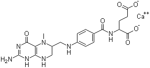 structure of CAS# 26560-38-3, Calcium 5-methyltetrahydrofolate;N-(4-(((2-Amino-1,4,5,6,7,8-hexahydro-5-methyl-4-oxo-6-pteridinyl)methyl)amino)benzoyl)-L-glutamic acid calcium salt