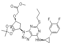 结构式 CAS# 274693-25-3, 2-[[(3aR,4S,6R,6aS)-6-[7-[[(1R,2S)-2-(3,4-二氟苯基)环丙基]氨基]-5-(丙硫基)-3H-1,2,3-三氮唑并[4,5-d]嘧啶-3-基]四氢-2,2-二甲基-4H-环戊烯并-1,3-二恶茂-4-基]氧基]乙酸甲酯