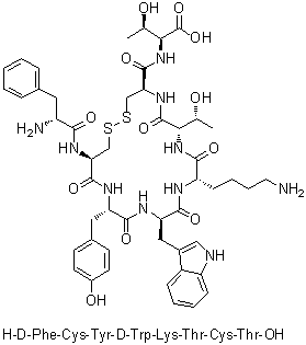 D-Phenylalanyl-L-cysteinyl-L-tyrosyl-D-tryptophyl-L-lysyl-L-threonyl-L-cysteinyl-L-threonine cyclic (2→7)-disulfide molecular structure (CAS 302794-43-0)