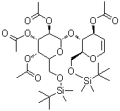 1,5-脱水-2-脱氧-6-O-[(1,1-二甲基乙基)二甲基硅烷基]-4-O-[2,3,4-三-O-乙酰基-6-O-[(1,1-二甲基乙基)二甲基硅烷基]-beta-D-吡喃半乳糖基]-D-阿拉伯-己-1-烯糖乙酸酯分子结构 (CAS 308103-46-0)