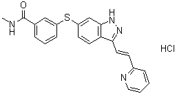 N-Methyl-3-[[3-[(1E)-2-(2-pyridinyl)ethenyl]-1H-indazol-6-yl]thio]benzamide monohydrochloride molecular structure (CAS 319463-51-9)