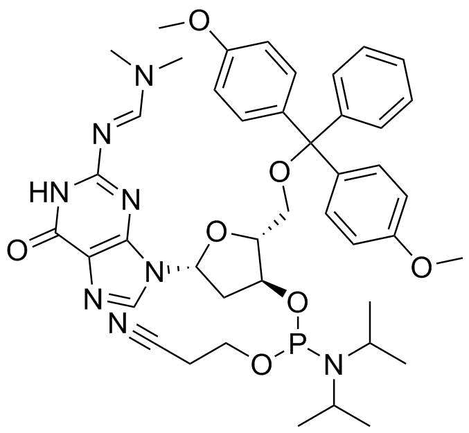 5'-O-[Bis(4-methoxyphenyl)phenylmethyl]-2'-deoxy-N-[(dimethylamino)methylene]guanosine 3'-[2-cyanoethyl bis(1-methylethyl)phosphoramidite] molecular structure (CAS 330628-04-1)