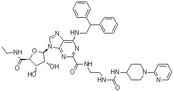 1-脱氧-1-[6-[(2,2-二苯基乙基)氨基]-2-[[[2-[[[[1-(2-吡啶基)-4-哌啶基]氨基]羰基]氨基]乙基]氨基]羰基]-9H-嘌呤-9-基]-N-乙基-beta-D-呋喃核糖酰胺分子结构 (CAS 380221-63-6)