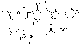 4-[2-[[(6R,7R)-2-Carboxy-7-[[(2Z)-(ethoxyimino)[5-(phosphonoamino)-1,2,4-thiadiazol-3-yl]acetyl]amino]-8-oxo-5-thia-1-azabicyclo[4.2.0]oct-2-en-3-yl]thio]-4-thiazolyl]-1-methylpyridinium acetate hydrate molecular structure (CAS 400827-55-6)