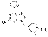 structure of CAS# 442908-10-3, Vipadenant;3-[(4-Amino-3-methylphenyl)methyl]-7-(2-furanyl)-3H-1,2,3-triazolo[4,5-d]pyrimidin-5-amine; BIIB 014; CEB 4520; V 2006; VER 11135; VER-A 00-11; VER-A 00049; VER-ADO 49