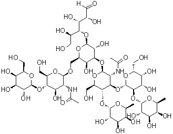 O-6-脱氧-alpha-L-吡喃半乳糖基-(1→2)-O-beta-D-吡喃半乳糖基-(1→3)-O-[6-脱氧-alpha-L-吡喃半乳糖基-(1→4)]-O-2-(乙酰氨基)-2-脱氧-beta-D-吡喃葡萄糖基-(1→3)-O-[O-beta-D-吡喃半乳糖基-(1→4)-2-(乙酰氨基)-2-脱氧-beta-D-吡喃葡萄糖基-(1→6)]-O-beta-D-吡喃半乳糖基-(1→4)-D-葡萄糖分子结构 (CAS 443361-17-9)