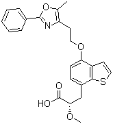 结构式 CAS# 475479-34-6, 阿格列扎; (S)-2-甲氧基-3-[4-[2-(5-甲基-2-苯基恶唑-4-基)乙氧基]苯并[b]噻吩-7-基]丙酸