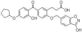 3-[5-[4-(环戊基氧基)-2-羟基苯甲酰基]-2-[(3-羟基-1,2-苯并异恶唑-6-基)甲氧基]苯基]丙酸分子结构 (CAS 530141-72-1)